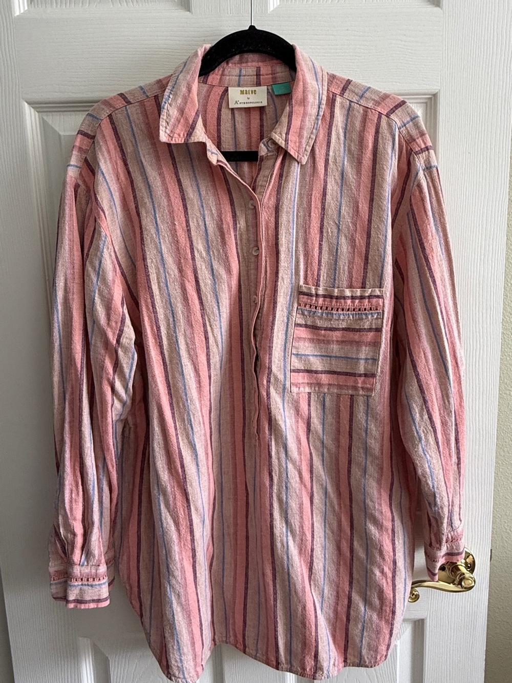 Maeve by Anthropologie Pink Striped Linen Blend Embroidered Tunic Shirt Sz 1X